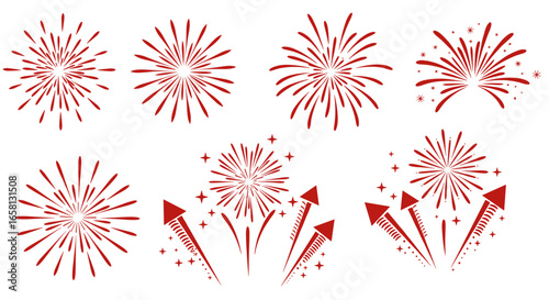 Celebratory red fireworks silhouettes on white background for festive designs