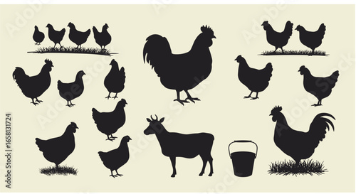 Farm animal silhouettes featuring roosters, hens, goats, and buckets