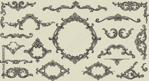Ornamental baroque decorative elements set with vintage floral swirls and frames