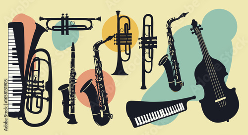 Silhouette of jazz instruments on colorful abstract background