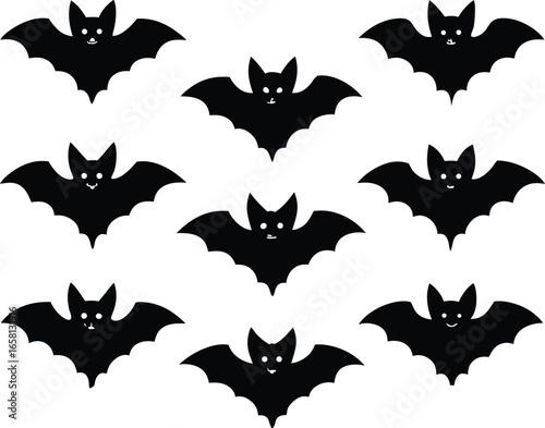 A Spooky Pattern of Eight Black Bats with Friendly Faces on a White Background