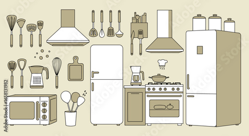 Minimalist kitchen tools and appliances collection in line art design