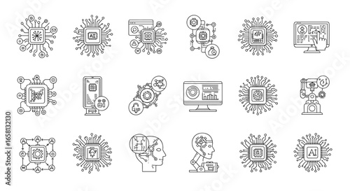 Linear ai and machine learning icons featuring circuit patterns and human interaction elements