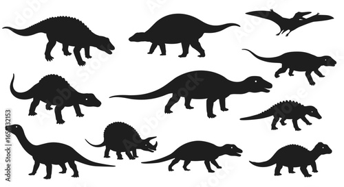 Silhouette dinosaurs collection: prehistoric reptiles in black and white