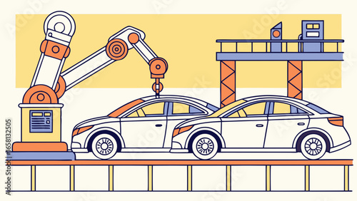 Automated vehicle production line illustration featuring robotic arm assembling cars in a modern factory setting with yellow and blue color scheme