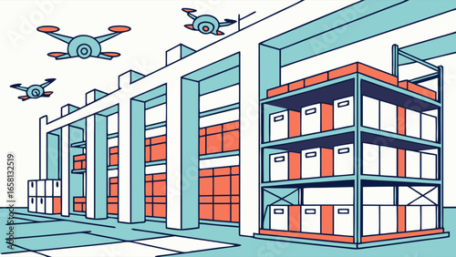 Automated warehouse with drones for inventory management illustration highlighting efficiency and modern logistics in a clean, organized setting