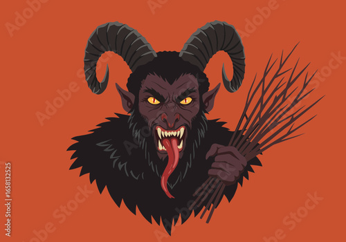 A menacing vector portrait of Krampus, the Christmas demon of folklore