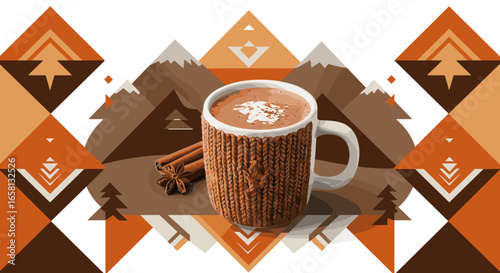 Cozy knitted mug with hot chocolate and cinnamon in geometric autumn mountain design