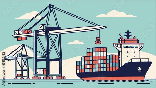 Cargo ship being loaded with containers by port cranes at a shipping yard, a vector illustration of global trade