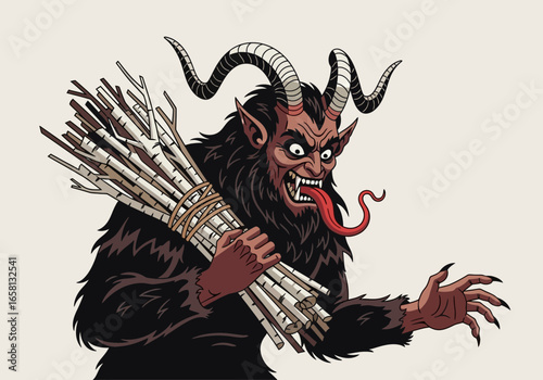 A menacing vector portrait of Krampus, the Christmas demon of folklore