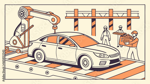 Car manufacturing assembly line with robotic arm and workers handling parts on factory floor, illustrating modern industrial production