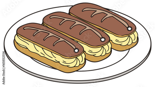 Cartoon illustration of three chocolate eclairs filled with cream on a white plate, a delicious dessert pastry treat