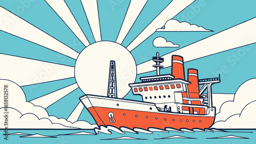 Cartoon ship sailing on the ocean against a radiant sun illustration with clouds and waves in a stylized marine scene