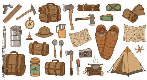Camping essentials: rustic hand drawn gear compilation for outdoor adventures