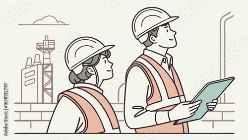 Construction Workers Inspecting Site with Safety Helmets and Vests, Factory Background, Illustrative Style