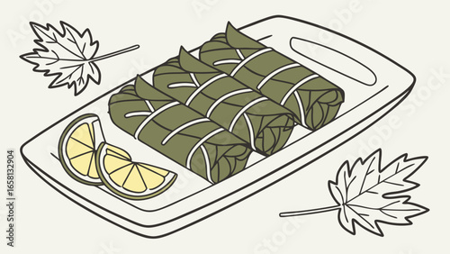Delicious dolma with lemon slices and vine leaves in a vector illustration showcasing Middle Eastern cuisine and culinary art