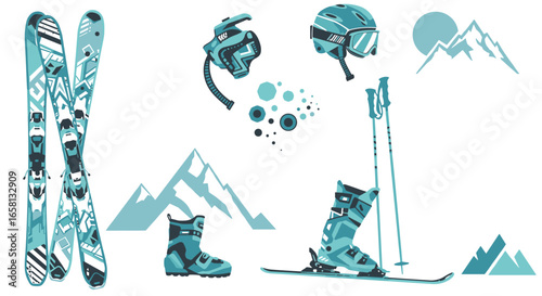Winter sports gear and mountain adventures: ski equipment and scenic elements in a minimalist style