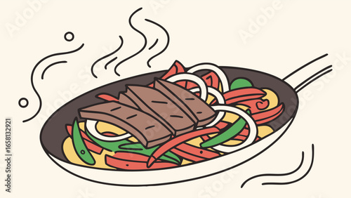 Delicious fajitas cooking in a hot pan with sizzling steak, onions, and peppers ready to be served for a tasty meal for dinner or lunch