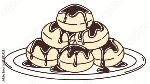 Delicious profiteroles with chocolate sauce served on a plate vector illustration design featuring a sweet dessert and a simple yet elegant food presentation