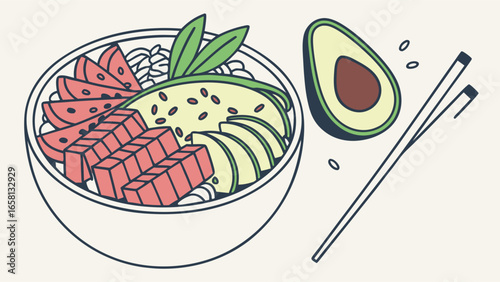Delicious poke bowl illustration with tuna, avocado, watermelon, and rice beside chopsticks, perfect for healthy eating and food illustration designs