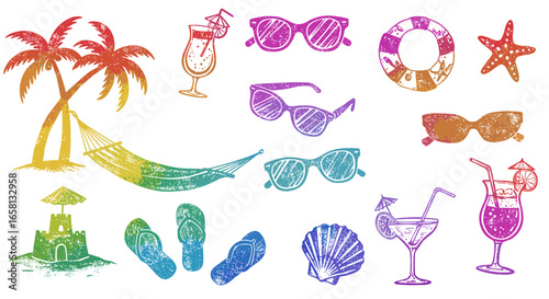 Colorful tropical beach icons with distressed summer vibes and vacation elements