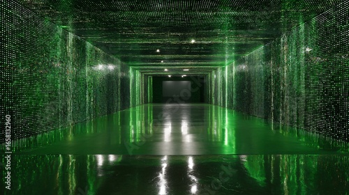 A long, dark tunnel is illuminated by vibrant green lights, creating a mesmerizing visual effect.  Reflective surfaces amplify the light and color.