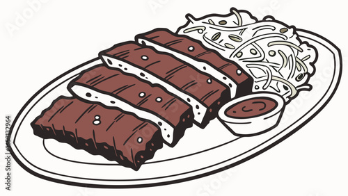 Delicious ribs served with fresh coleslaw and barbecue sauce on a plate, a tempting illustration for food lovers and culinary enthusiasts