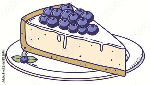 Delicious slice of blueberry cheesecake with creamy topping on a plate, showcasing a tempting dessert illustration