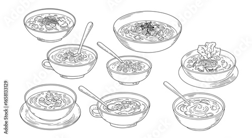 Hand drawn assorted bowls of soup with spoons in line art style