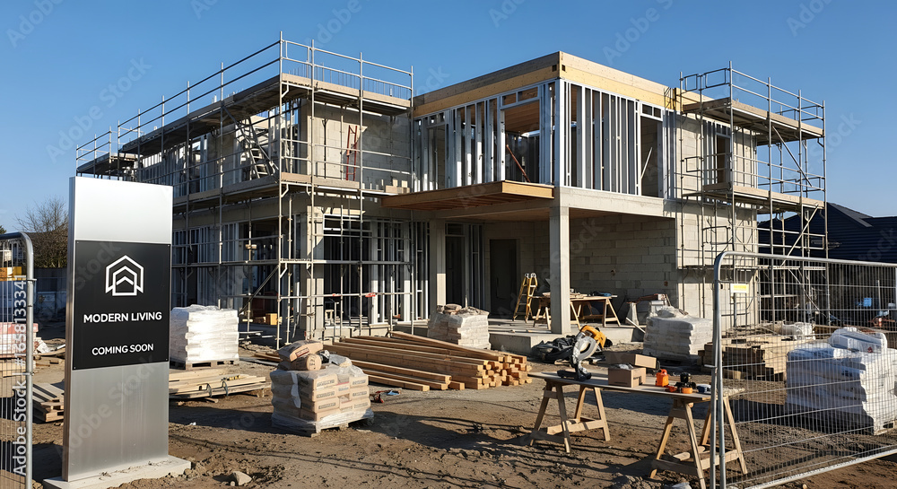 Fototapeta premium New modern house construction site with scaffolding and building materials