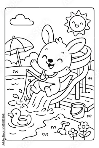 Adorable bunny enjoying summer fun on a water slide at the waterpark