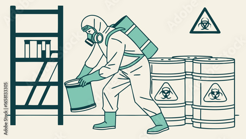 Illustration of a Person in Hazmat Suit Handling Hazardous Waste Near Barrels and Biohazard Sign