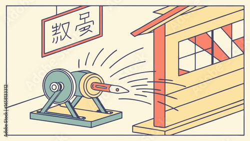 Illustration of a traditional Japanese archery range with a bow shooting an arrow towards a target building showcasing precision and cultural heritage