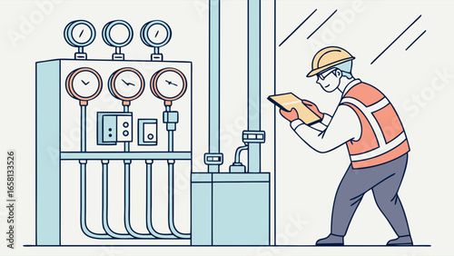 Inspector with Tablet Inspecting Industrial Gauges and Piping System Ensuring Safety and Efficiency in a Plant