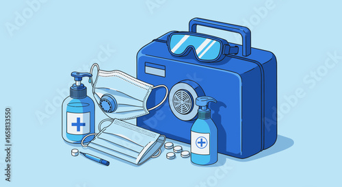 Isometric medical kit with masks and sanitizers on blue background