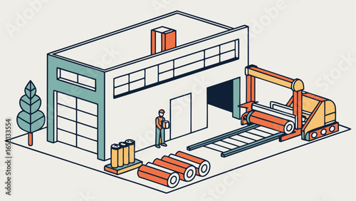 Isometric illustration of a modern factory with a worker carrying a package and industrial machinery processing cylindrical materials