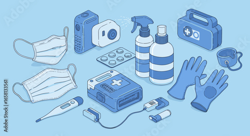 Isometric medical supplies set with face masks, sanitizer, and first aid kit on blue background