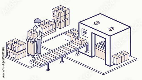 Isometric illustration of a worker in a warehouse packaging boxes on a conveyor belt system, showcasing modern logistics and distribution processes