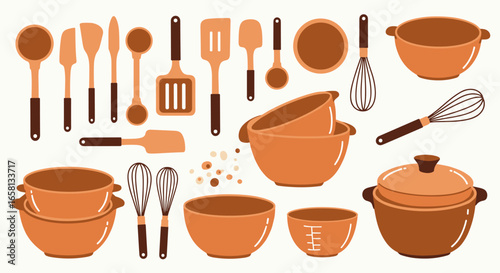 Flat kitchen utensils collection with bowls and baking tools