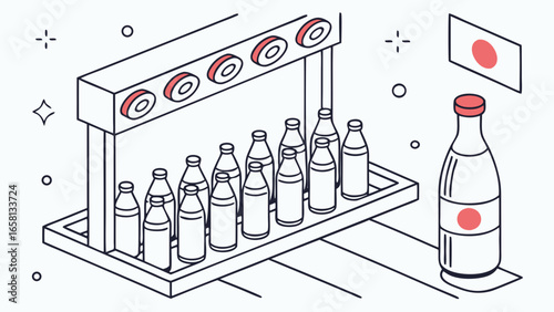 Isometric view of a Japanese beverage production line featuring bottles, conveyor belt, and the Japanese flag, showcasing manufacturing technology