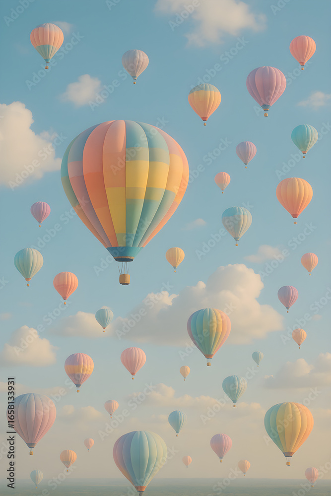 Obraz premium Colorful hot air balloons floating in blue sky with fluffy clouds during sunny day