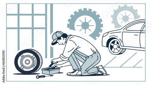 Mechanic repairing a car tire in a garage with tools and equipment, creating an automotive repair scene with a car lift and spare wheel