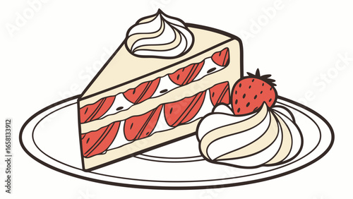 Mouthwatering strawberry shortcake illustration with fresh cream and ripe strawberries on a plate, a sweet dessert treat