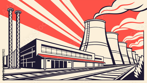 Retro industrial landscape illustration featuring cooling towers, factory buildings, and a rising sun with radiating lines in a vintage propaganda style aesthetic