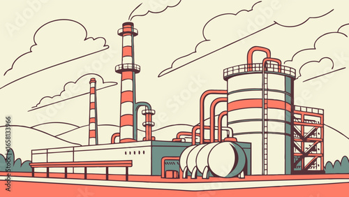 Stylized vector illustration of an industrial plant with smokestacks, tanks, and connecting pipes under a cloudy sky, conveying manufacturing and energy production