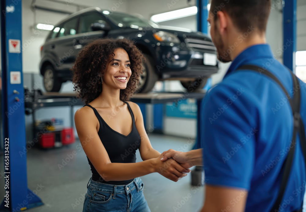 Obraz premium Attractive woman shakes hands with mechanic after car service, both smiling. Vehicle undergoing maintenance in modern garage. Customer happy with repair, car owner satisfied with pro work.