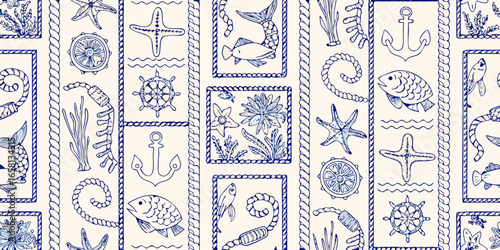 Marine life and nautical elements in a repeating pattern anchor ship wheel