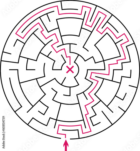 A circular black and white vector maze of medium difficulty. The task is to find a path to the center. Clean, simple lines, isolated on a white background.