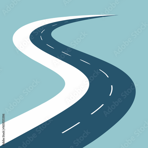 Stylized winding road with white lines on a light blue background