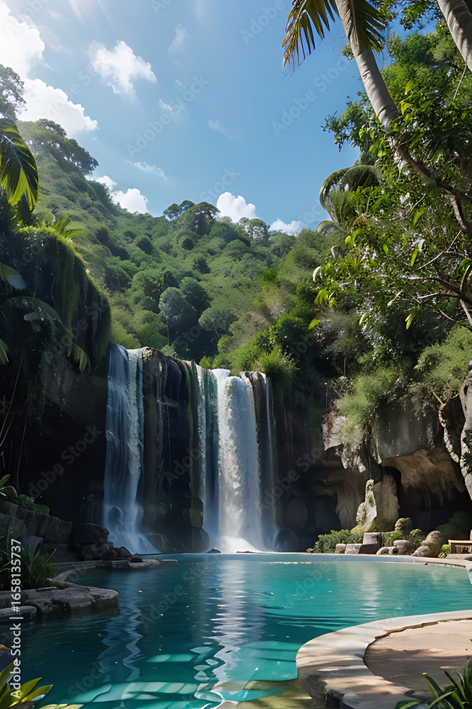 Naklejka premium Tropical waterfall cascading into a serene pool surrounded by lush greenery.